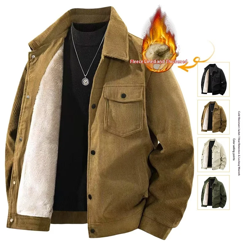 

Corduroy Jacket Men's Autumn and Winter Fleece Thickened Tooling Jacket Casual Loose Lapel Cotton Clothes