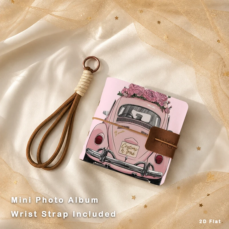 Pink Vintage Beetle Car Rose Flower Print Mini Photo Album with Wrist Strap, Portable Pocket Photo Storage Book for 3 Inch Mini