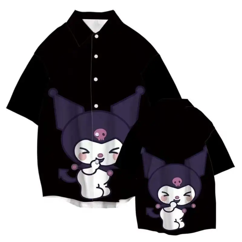 

Sanrio новая рубашка Kuromi в стиле ретро с короткими рукавами и принтом ледяного шелка для девочек и студентов, летняя свободная модная брендовая темпераментная куртка с героями мультфильмов