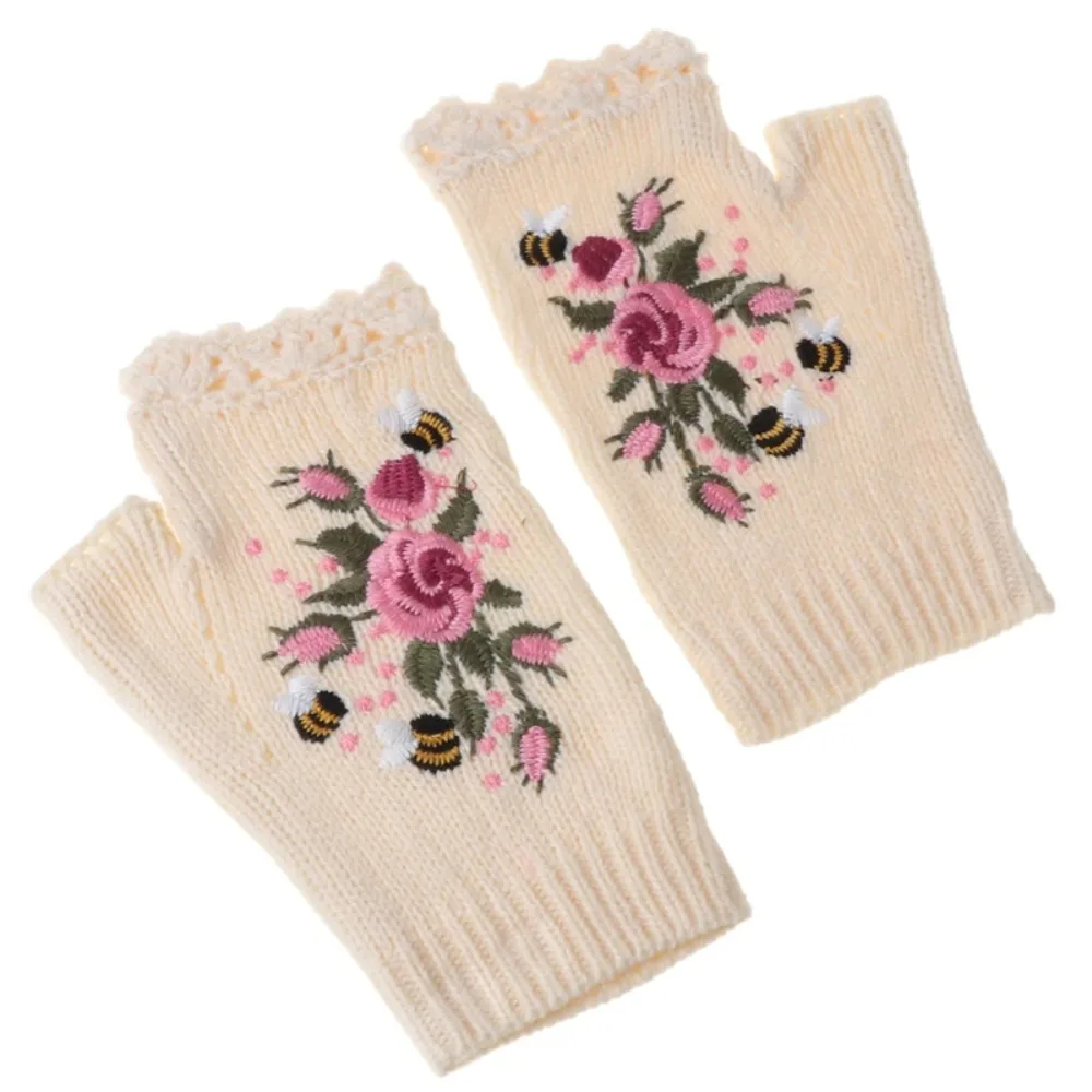 Comfortable Floral Bee Embroidery Knitted Fingerless Gloves Keep Warm Thumb Holes Flower Mittens Fingerless Gloves Winter