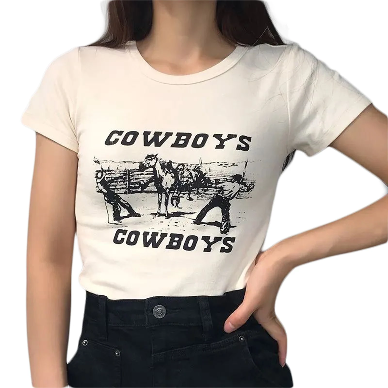 Camiseta casual de manga curta feminina, estampa de carta de cowboy exposta para pulôver do umbigo, moda Y2K, 2023