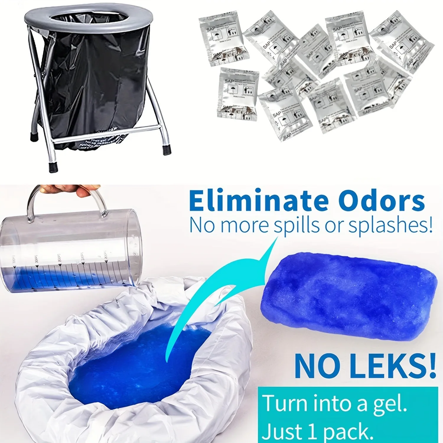 20PCS Portable Toilet Absorbent Gel Packs & 20PCS Camping Toilet Bags, Odor-Free Non-Toxic Leak-Proof for Hiking, Outdoor & Emer