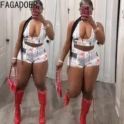 FAGADOER Newspaper Printed Sexy Two Piece Set Women Hipster Low Neck Sleeveless Crop Tops+High Waist Slim Shorts Y2k Streetwear