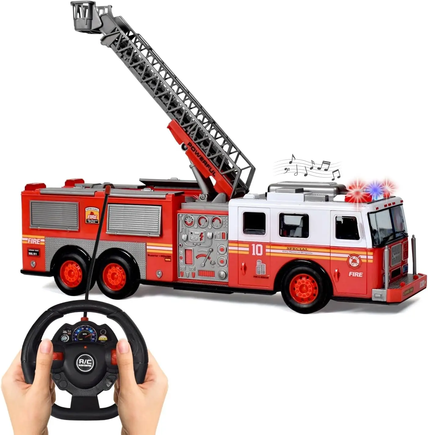 

Realistic RC Fire Truck for Kids Remote Control Firetruck with Lights, Siren Sounds & Rotating Ladders- Large 14” Fire Rescue Tr