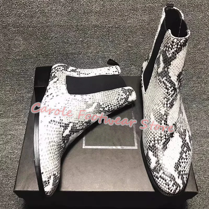 

British Style Mixed Color Prints Men's Ankle Boots Round Toe Chunky Heel Genuine Leather Chelsea Boots Male Business Dress Shoes
