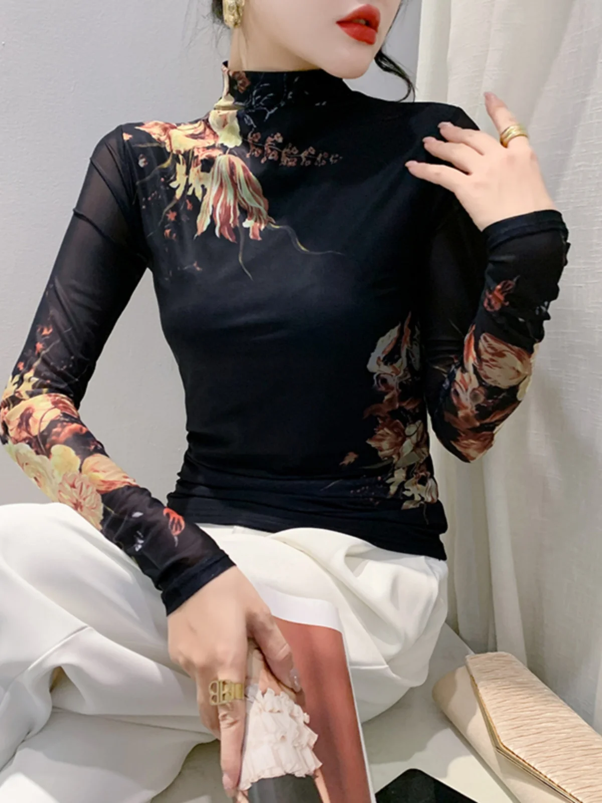 Autumn New Long Sleeve T-shirt For Women Floral Turtleneck High Stretch Slim TShirts Located Printing Mesh Tops FF0862