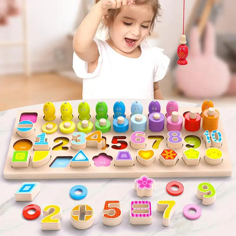 Fishing Game For Kids Magnetic Wood Logarithmic Board Games Fish Rod Toys For Children Early Educational Montessori Learning Toy