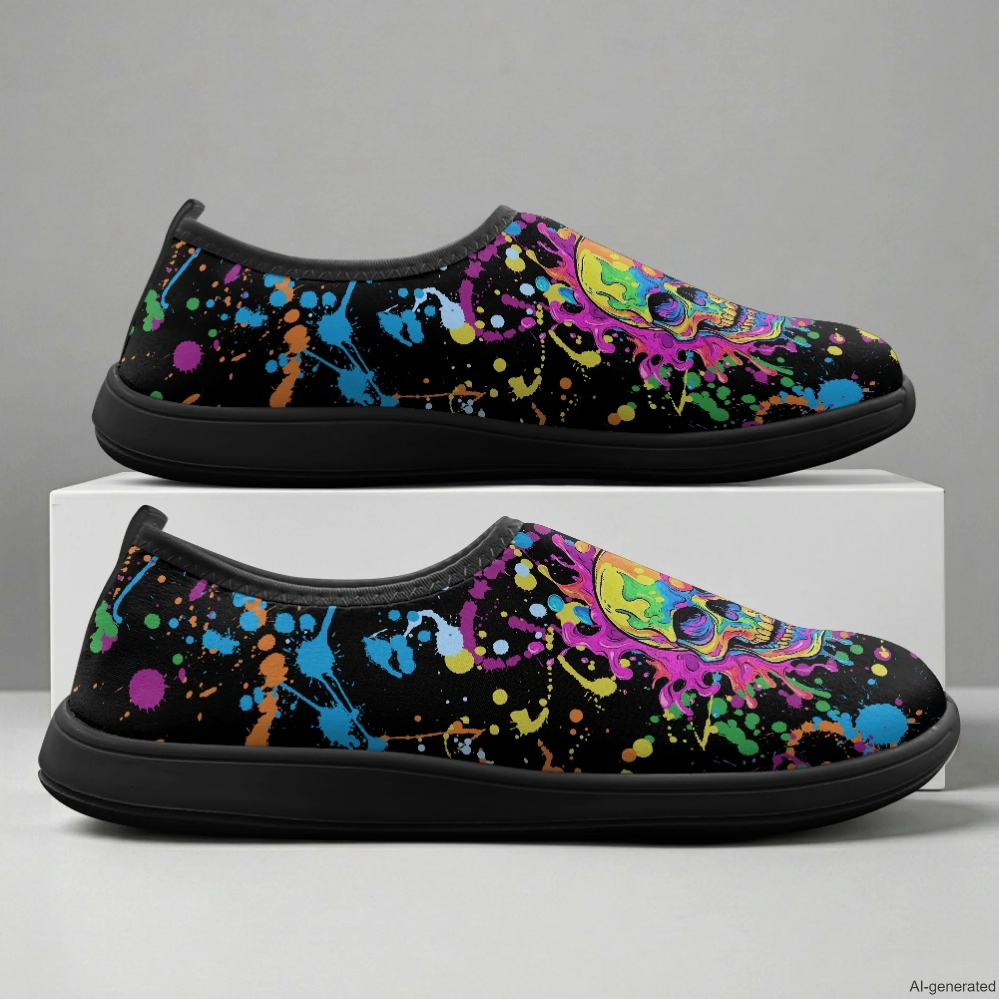 XIXIRIMIDO Slip-on Wide-toed Shoes Men's Breathable Mesh Shoes Skull Print Womens Fashion Sneakers Walking Shoes 36-46