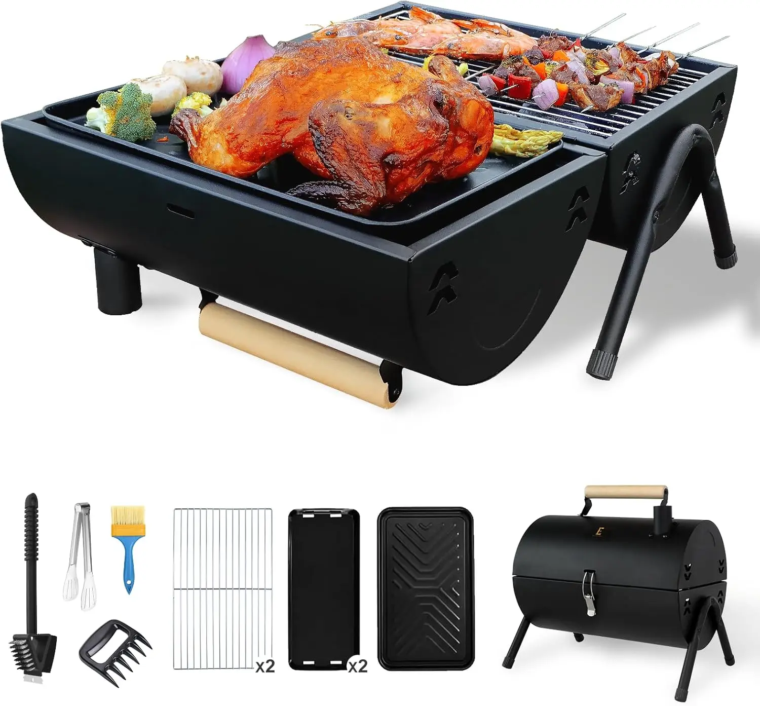 

Portable Charcoal Grill Barbecue Grill Folding Set Double Sided +Barbecue Pan Net+6PCS Tools for Outdoor Camping BBQ Grilling