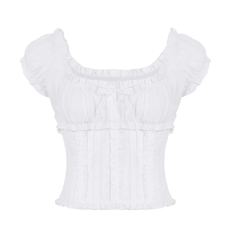 

【SEE】Womens Short Sleeve Crop Top With Lace Trim Shirt Boho Tie Front Ruffle Tank Tops