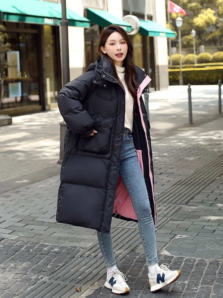 White Duck Down Jacket for Women, Oversized, Long, Slim, Hooded, Large Pockets, Parka, Elegant Temperament Coats