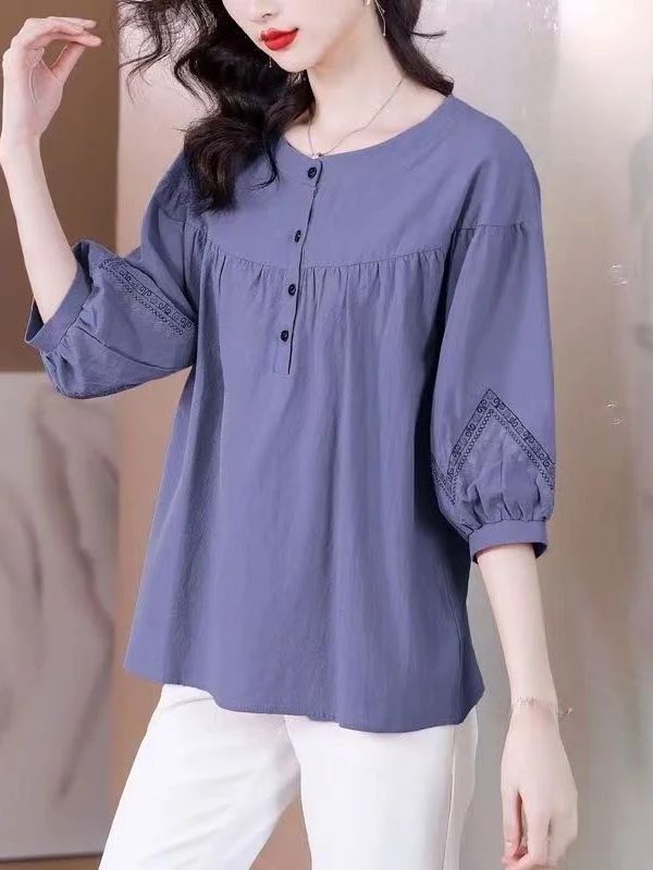 

Faionable Mommy irt Cotton Linen Loose Slimming Belly Covering Women's Summer New Sle Five-Quarter Sve Casual Top