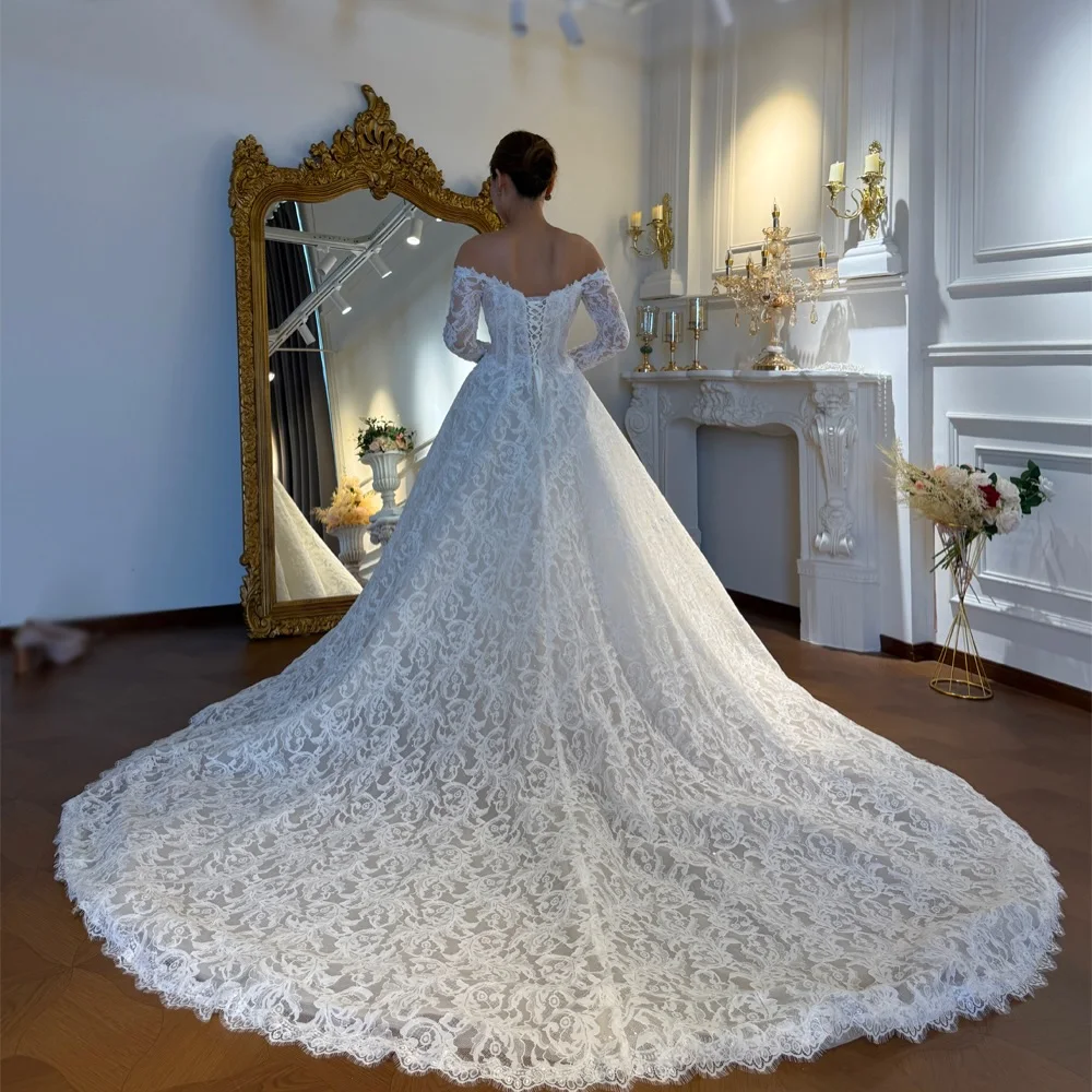 Custom 2026 Vestido De Novia Off Shoulder Long Sleeve Lace Ball Gown Wedding Dress with Corset Back Cathedral Train image 2