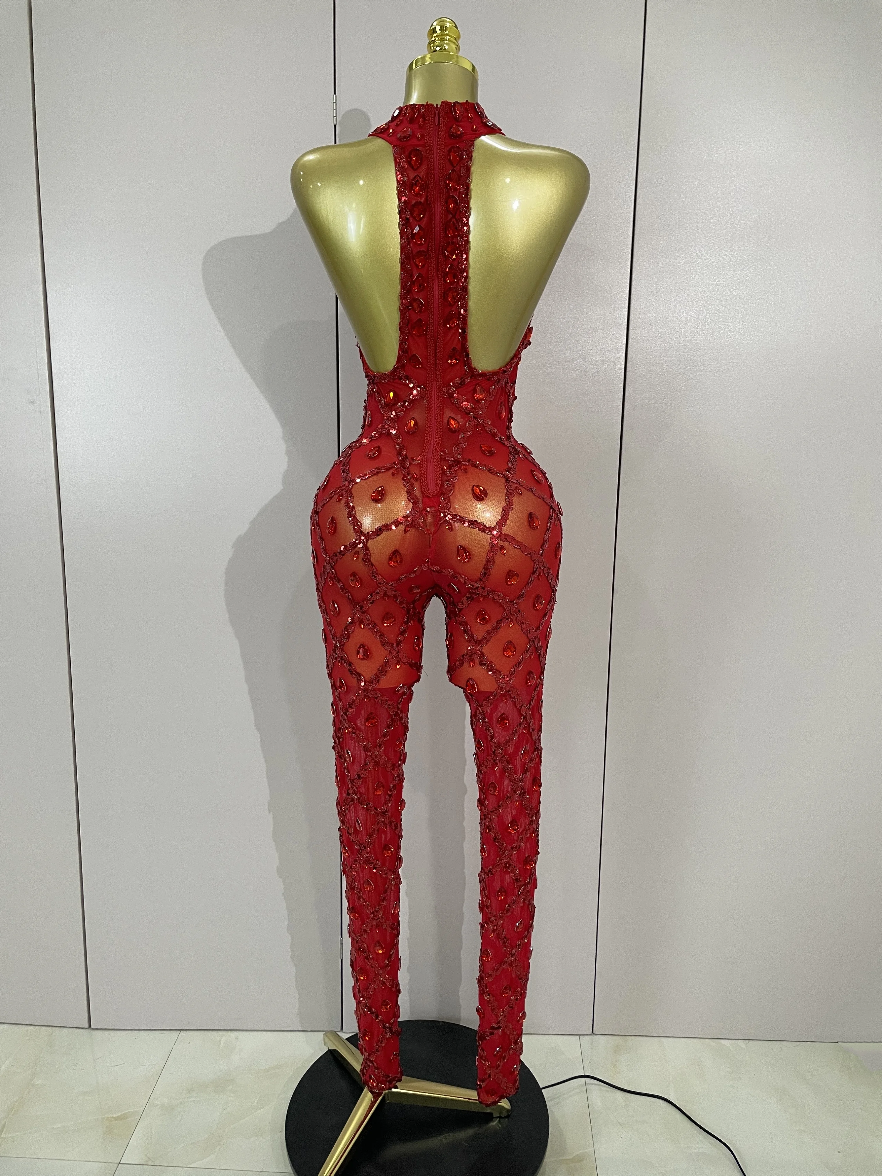 الأسهم الفاخرة سباركلي الأحمر الماس شبكة انظر من خلال بذلة احتفال عيد ميلاد مثير راقصة ملهى ليلي أداء المرحلة زي