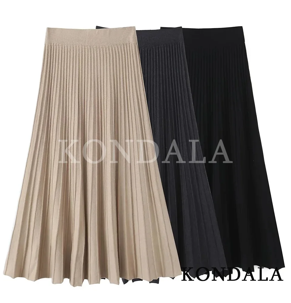 KONDALA Women Elegant Knit Long Pleated Skirt Casual Chic Elastic Waist Skirt 2026 Fall Winter Trendy Commute Versatile Skirt