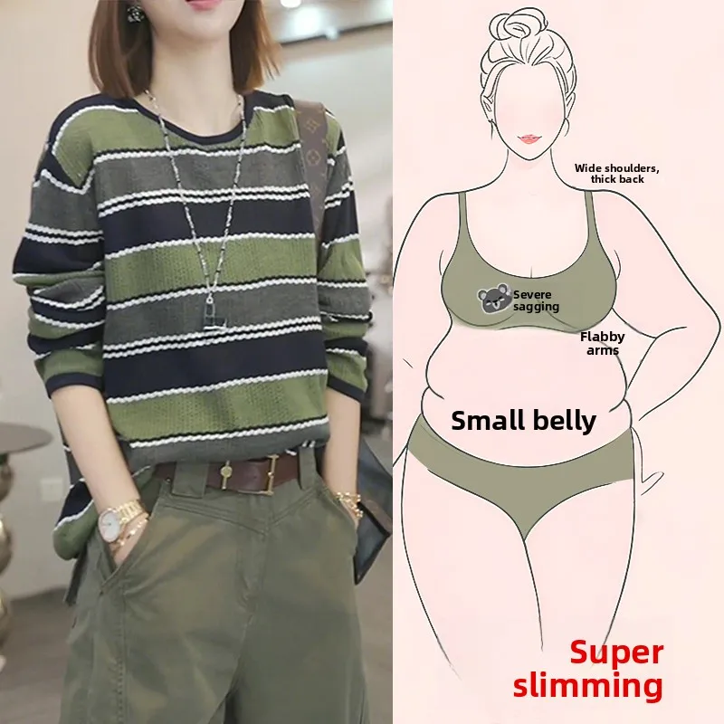 

Весенне-осенний вязаный свитер с круглым вырезом для женщин больших размеров, модный, уникальный, в полоску, повседневный, свободного кроя, с длинными рукавами