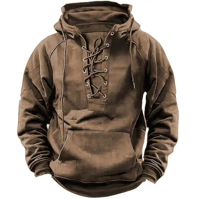 

2024 Autumn Lace-up Drawstring Hooded Sweatshirt Men Vintage Solid Tactical Hoodies Male Pocket Casual Loose Pullover Streetwear