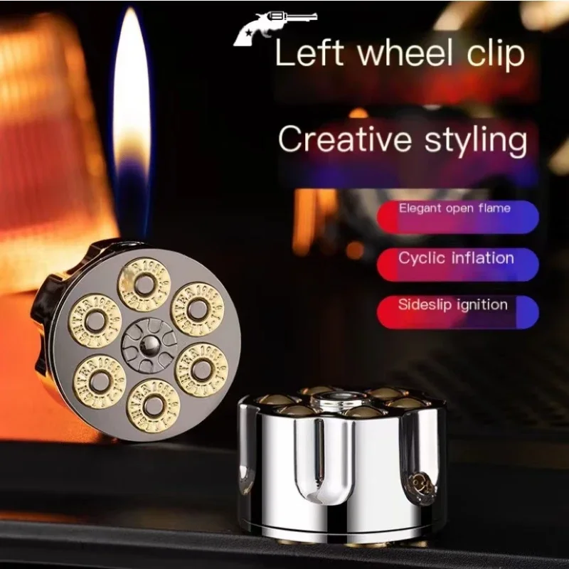 Creative Revolver Magazine-Style Butane Lighter with Electroplated Mirror Side-Slide Ignition for Portable Smoking Accessories