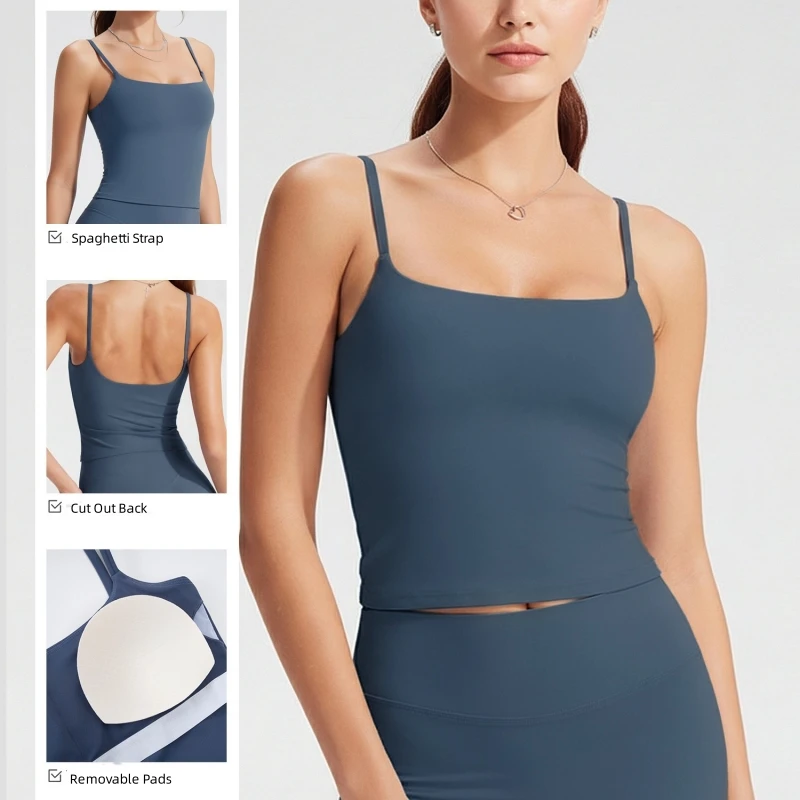 Women's Square Neck Tank Top with Built In Bra Racerback Cut Out Back Yoga Tops Gym Shirts Fitness Vest Running Workout Clothes