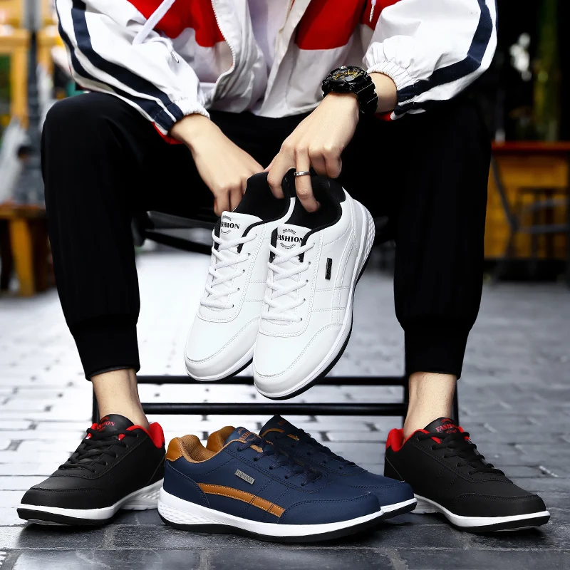 2024 Men Sports Casual Shoes Fashion Leather Shoes Outdoor Comfortable Flat Sneakers Breathable Light Men White Sneakers Shoes