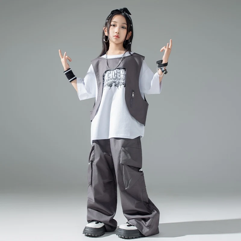 子供ヒップホップダンス衣装男の子ドラムショー服女の子半袖グレーベストカーゴパンツジャズパフォーマンススーツ BL16003