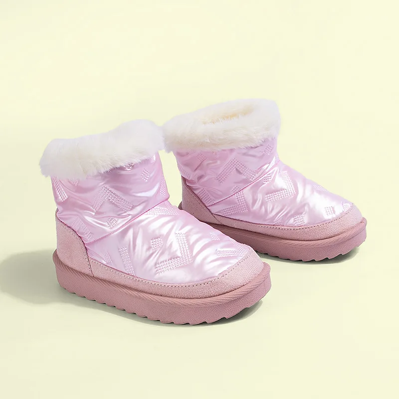

Pink Girls' Water-Repellent Snow Boots Furry Cuff Glossy Surface Winter Warm Short Booties for Toddler
