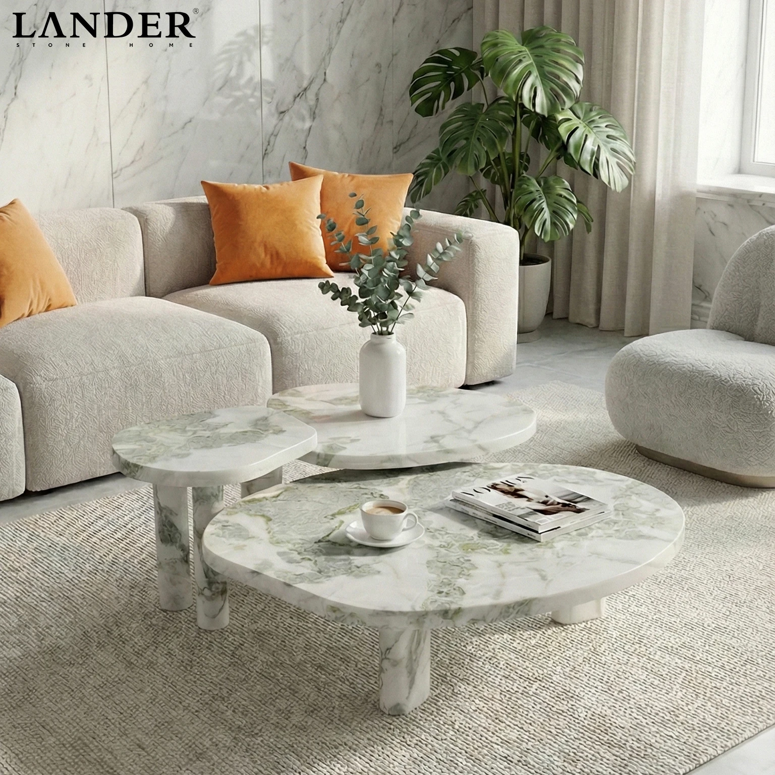 Landerstone Nature Stone Marble Coffee Table Set New Ice Jade Marble Coffee Table for Living Room Customized