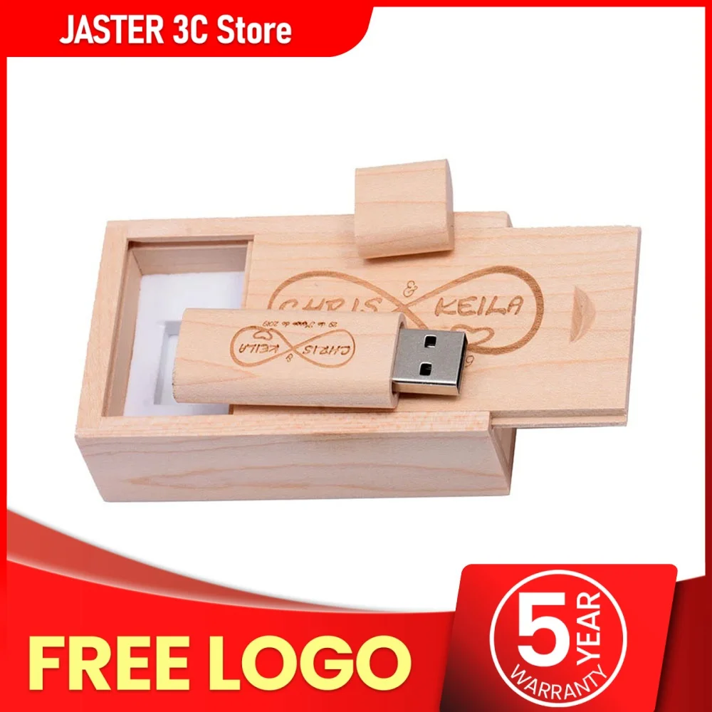 

JASTER (1PCS Free LOGO) Wooden USB Flash Drive Pen Driver Wood Chips Pendrive 4GB 16GB 32GB 64GB 128GB Memory Stick Wedding Gift