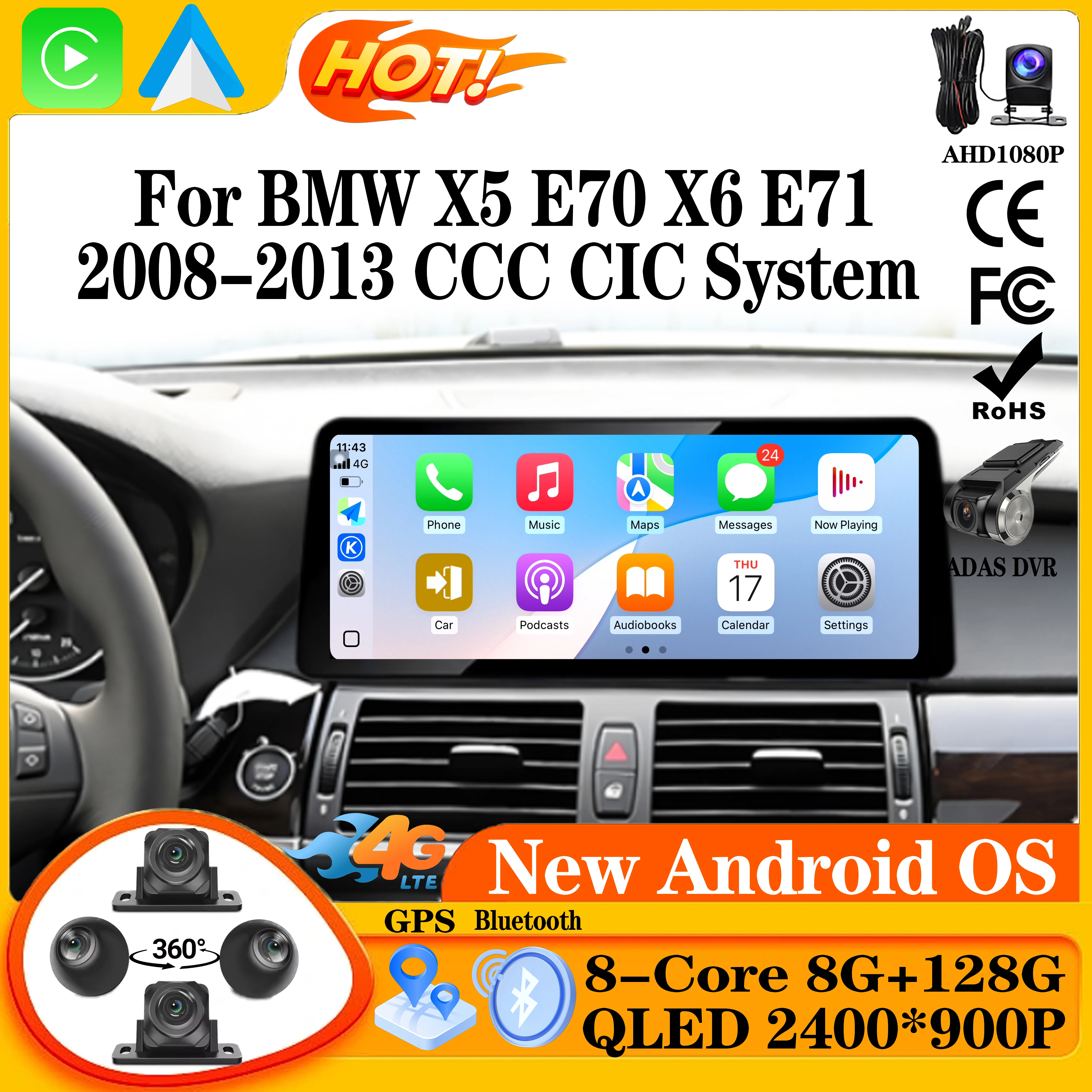 Wifi Car Radio GPS Navigation Android 15 Multimedia Player 4G For BMW X5 E70 X6 E71 2008-2013 CCC CIC System Ultra-thin