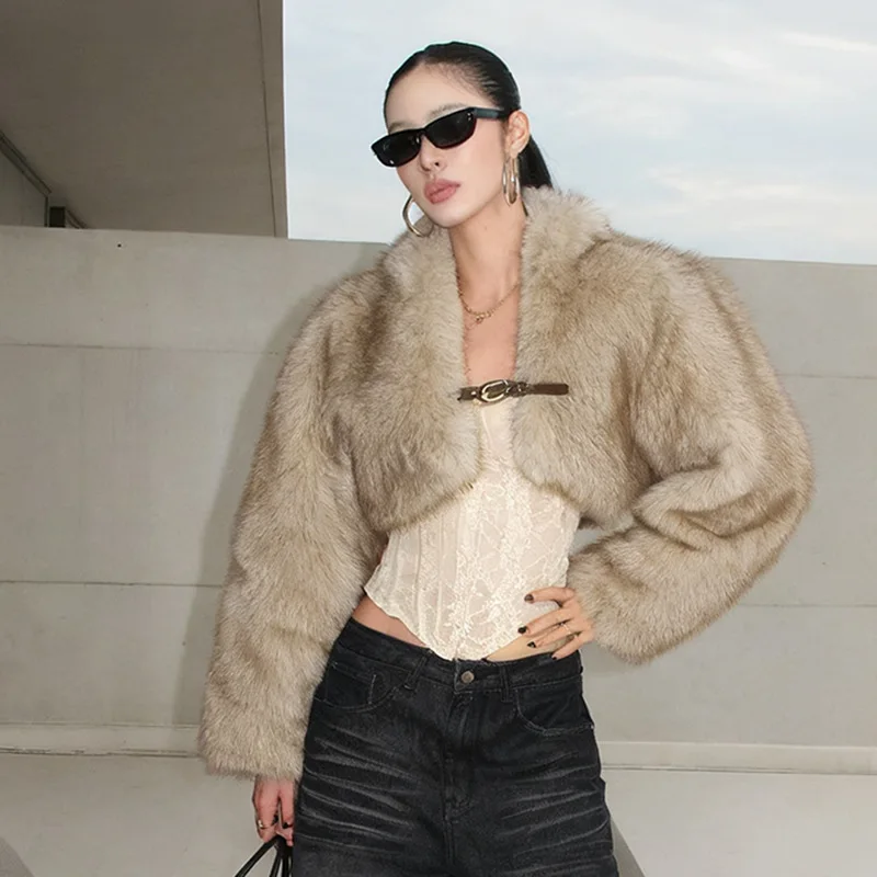 

Women Warm Puffy Fur Cardigan Stand Collar Jackets Tops Long Sleeves Leather Buckle Crop Jacket Outerwear Plush Coats & Jackets