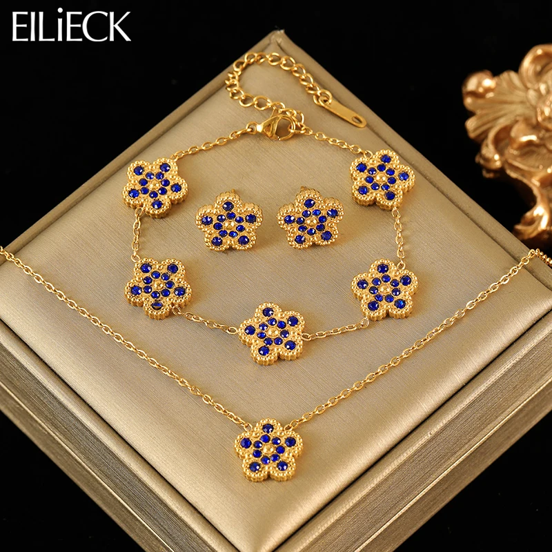 EILIECK New Fashion Stainless Steel Dark Blue Zircon Clover Necklace Bracelet Earrings For Women Trendy Flower Jewelry Set Gift