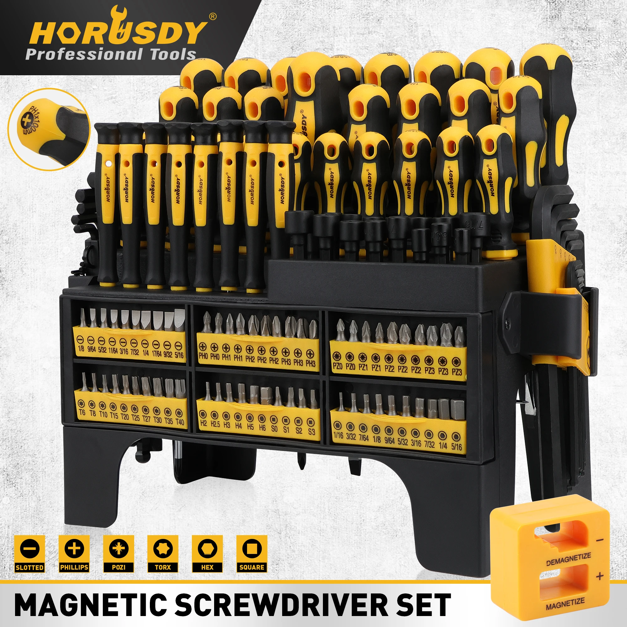 

HORUSDY 140Pc Magnetic Screwdriver Set- Heavy-Duty Plastic Rack, SAE/Metric Hex Keys, Precision Tips + Built-in Magnetizer