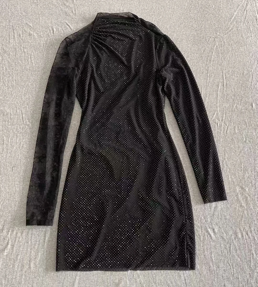 Damska seksowna sukienka mini z długim rękawem, zdobiona dżetami, koronką i patchworkiem, z odkrytymi plecami, luksusowa i modna.