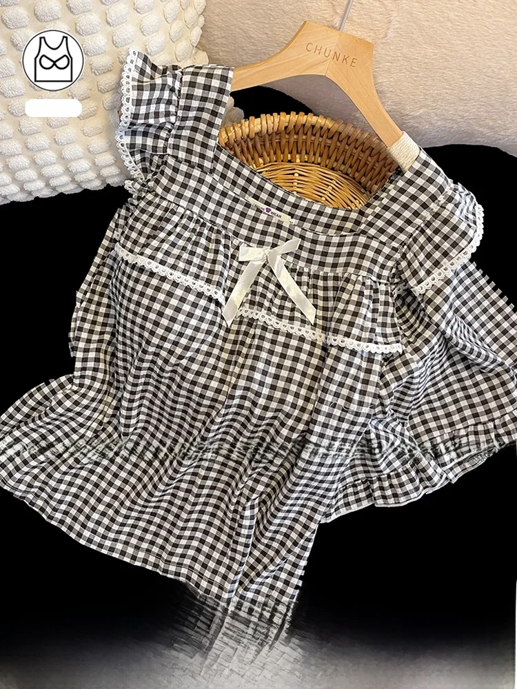 

Bla White Plaid Strap Spwear Women Summer with Chest Pad Flng Svel Vest Loose Home Clothes Set Casual Sle