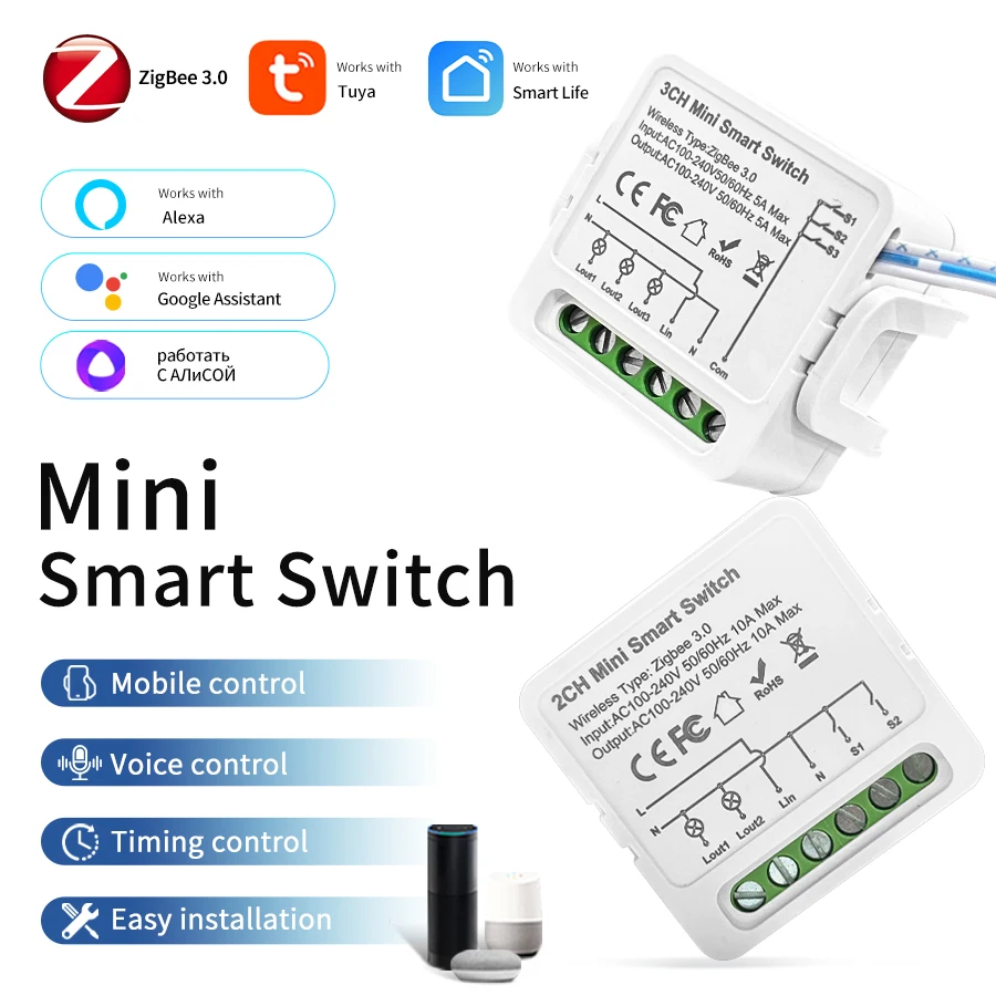 

Умный выключатель Tuya ZigBee 1/2/3 канала, 100-240В, 16А/10А/5А, DIY реле-выключатель, управление через приложение Smart Life, голосовое управление Alexa Google Home