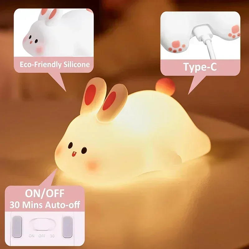 Rabbit Night Light Silicone Nursery Cute Sleeping Lamp USB Rechargeable Touch Switch Control Table Led for Child Girlfriend Gift