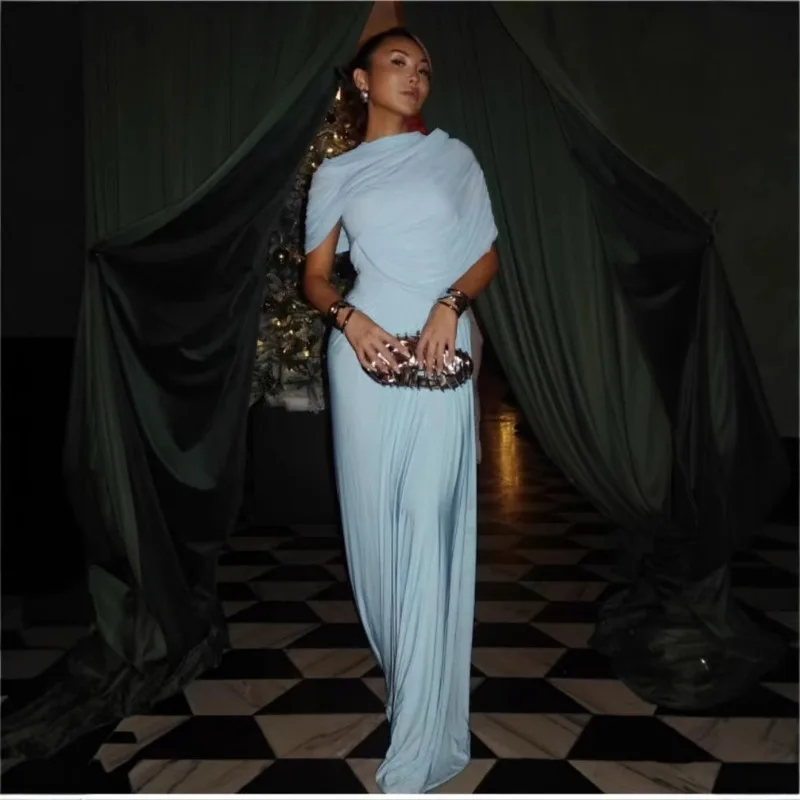 

Women Solid Pleated Mesh Patchwork Shawl Bodycon Maxi Evening Party Dress Fashion Birthday Long Robe Summer Street Vestidos