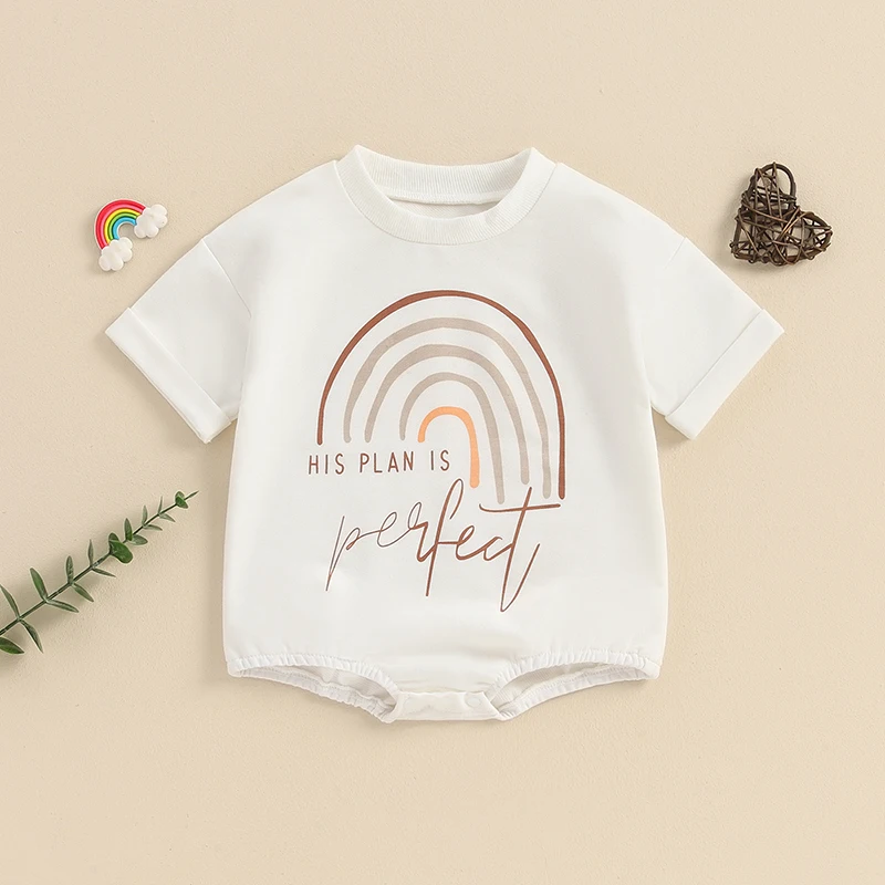 

2024-03-07 Lioraitiin 3-18M Summer Baby Boy Romper Short Sleeve Crew Neck Rainbow Letters Print Jumpsuit Clothes