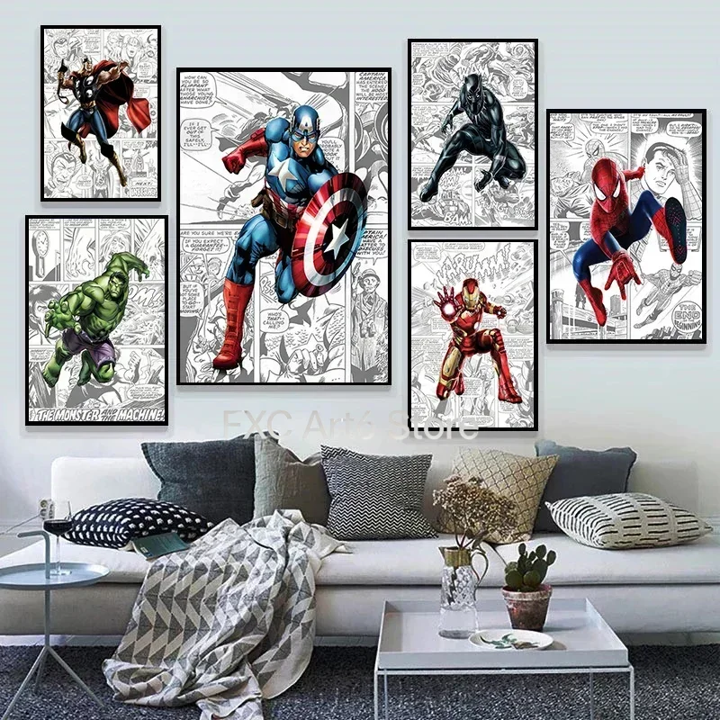 1PC  frameless Marvel Comic Avengers Captain America Spiderman Posters Prints Canvas Painting Wall Art Picture Kids Home Decor