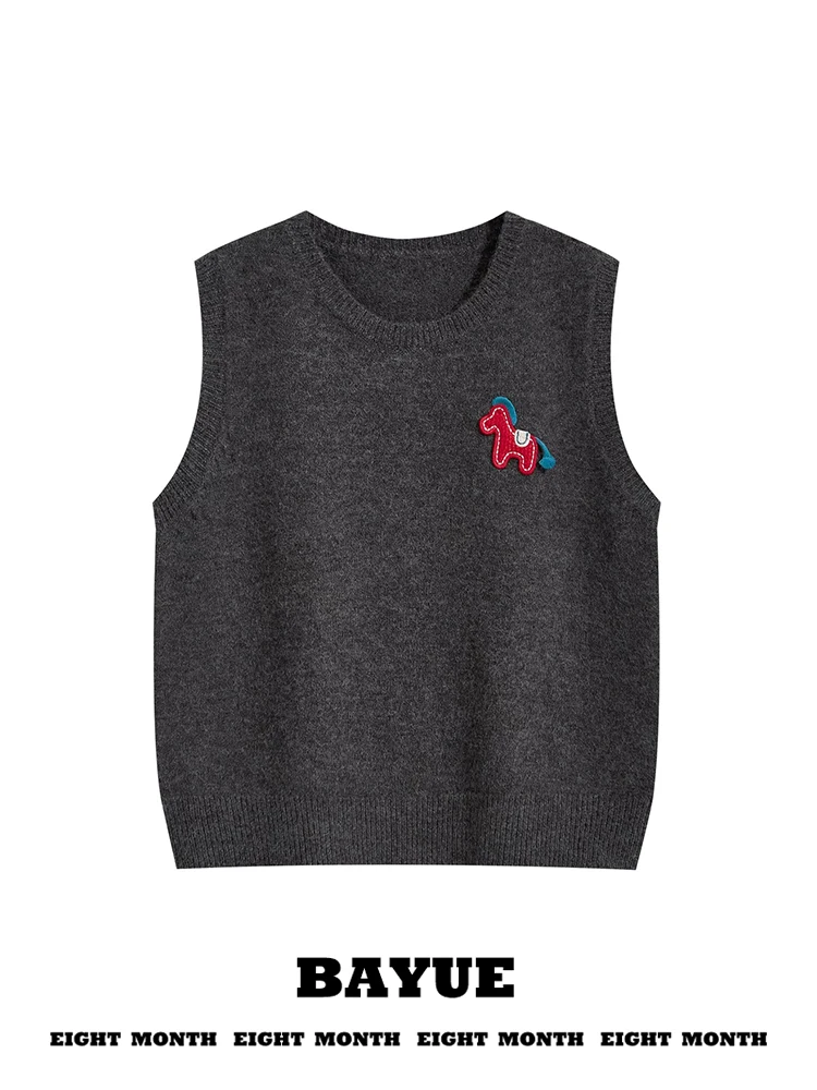 Red Embroidered Knitted Vest Women's Spring Autumn Outerwear round Neck Pullover Sweater Underwear Layering Clothing