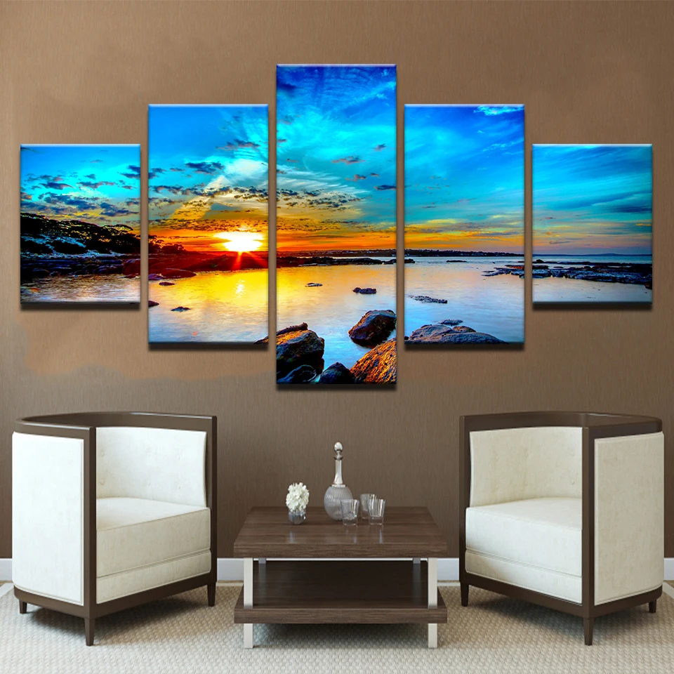 Landscape  Poster Sunrise Seavie 5 Pieces Canvas Art Painting Living Room Wall Picture Bedroom Modular Mural Home Decoration