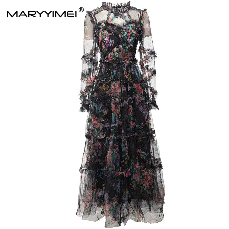 MARYYIMEI New Autumn Fashion Elegant dress Mesh Lantern Sleeve Print Wood Ear Edge Waist Up Banquet Long Dresses