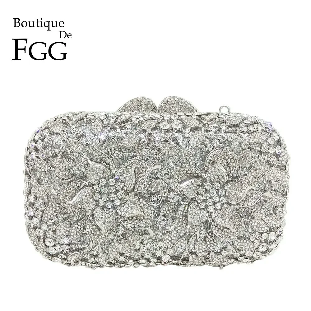 

Boutique De FGG Handmade Silver Clutch Purses for Women, Fancy Flower Evening Bags and Clutches, Hardcase Prom Rhinestone Purse