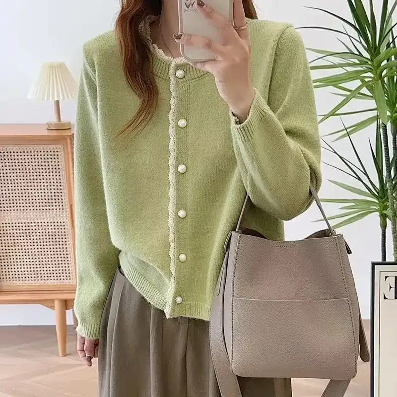

Round Neck Sweater Women's Coat Spring and Autumn Lace Knitted Cardigan Coat Fashionable Top