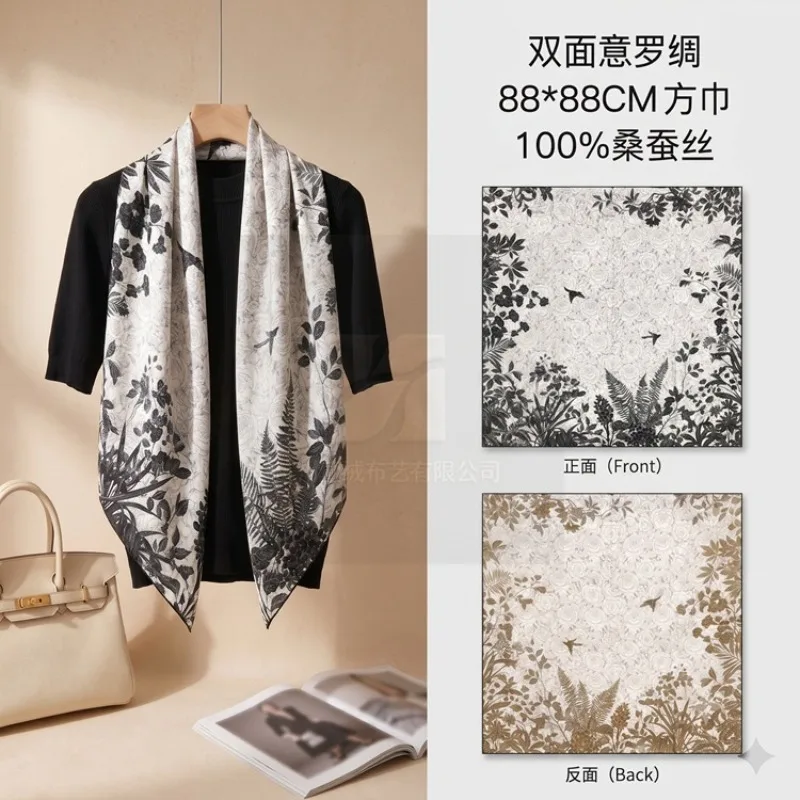 100% Mulberry Silk 18 Momme Square Scarf Fashion Print All Season Bandana Shawl