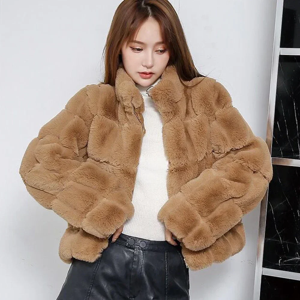 Autumn Winter Fashion Faux Fur Coat Rex Rabbit Fur Coat Long Sleeve Thicken Keep Warm Elegant Luxury Pile Coat High Quality New