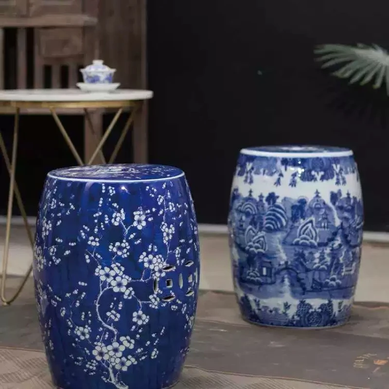 Hand painted ice plum ceramic antique new Chinese pier white porcelain embroidered pier drum stool