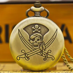 Vintage Bronze Large Pirate Skull Carved Necklace Quartz Pocket Watch Handsome Gift For Both Men And Women