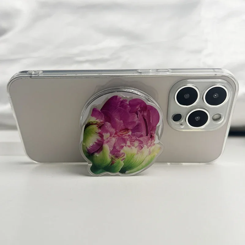 Elegante suporte de telefone acrílico de lótus soquete magnético aperto suporte de telefone para magsafe iphone mac samsung anel seguro expansão de dedo