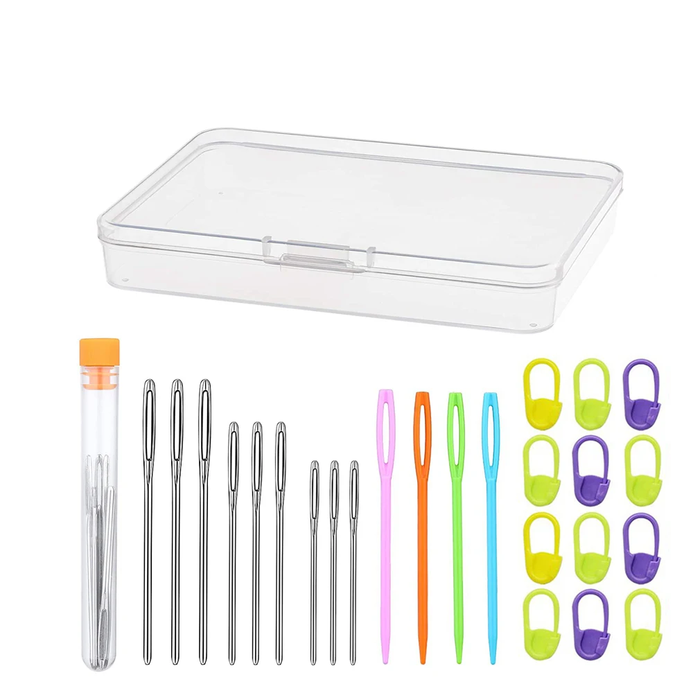 

26Pcs DIY HandmadeKnitting Tool Kit Large Eye Blunt Needles & Stitch Markers & Plastic Yarn Weaving Needles & Storage Box